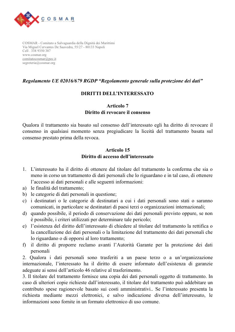 Anteprima della prima pagina dell'Informativa RGDP (Regolamento UE 2016/679)