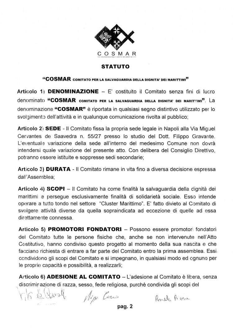 Anteprima della prima pagina dello Statuto del Comitato COSMAR