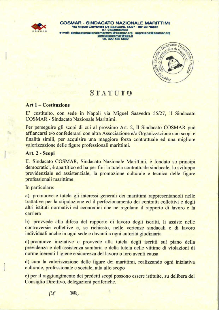 Anteprima della prima pagina dello Statuto del Sindacato Nazionale Marittimi